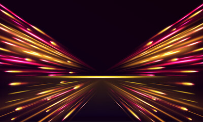 Panoramic high speed technology concept, light abstract background. Neon stripes in the form of drill, turns and swirl. Image of speed motion on the road.