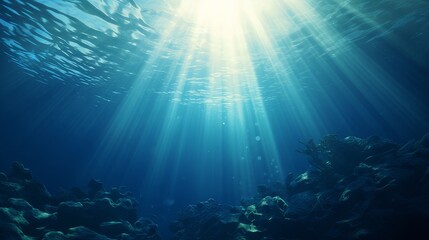 Fototapeta na wymiar Underwater Sea - Deep Abyss With Blue Sun light