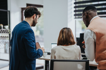 Obraz premium Multi ethnic business group collaborating on strategic planning, market analysis, and product development for global expansion and profit growth.