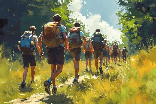 a group of backpackers hiking in the woods, in the style of digital painting