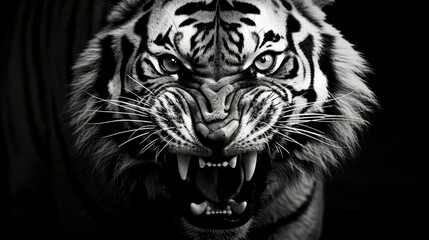Close-up of the head of an aggressive tiger ready to attack. Wild animal in monochrome style. Scalp of a snarling animal. Illustration for cover, card, interior design, poster, brochure, presentation. - obrazy, fototapety, plakaty