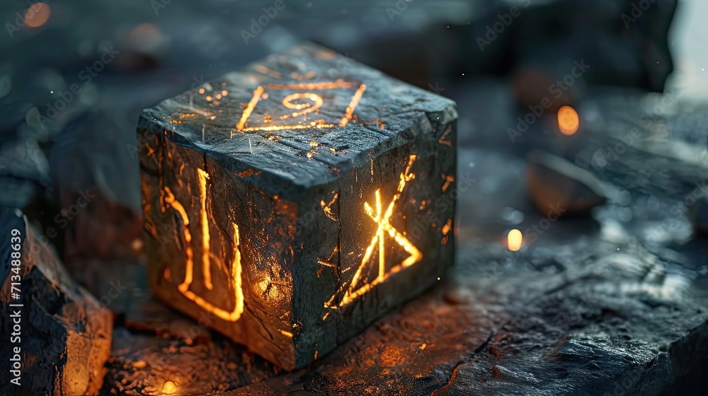 Poster burning candle in the shape of a cube on a dark background