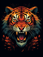 T-shirt design, a striking graphic of a roaring tiger, its stripes transforming into a blazing forest fire created with Generative Ai