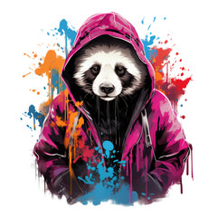 Urban graffiti style illustration of a panda in a hoodie isolated on transparent background