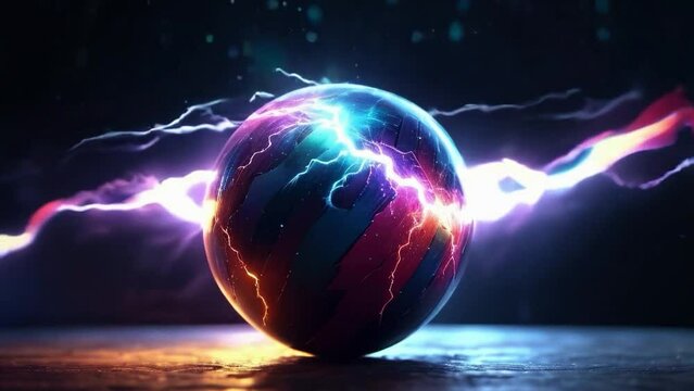 Colorful lightning ball on black background. Loopable. AI generated