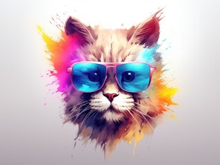 The muzzle of a stylish cat posing in sunglasses is painted with watercolors. Close portrait of furry kitty with paint splashes. Printable design for t-shirt, bag, postcard, case and other products.