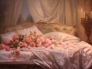 Obraz na płótnie Canvas Romantic Bedroom, rose on the bed