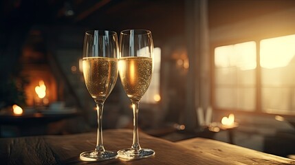 Two glasses of sparkling wine (champagne) on the table in front of the window at sunset. Cozy atmosphere in the chalet. The concept of cozy relaxation. Illustration for varied design.