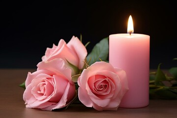 Sympathy card: pink rose, candles, somber ambiance for remembrance. Generative AI