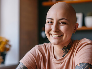 A young bald woman, smiling in her home, courageously facing and overcoming the challenges of cancer