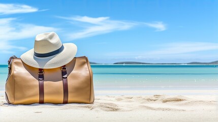 Straw hat and bag on a tropical sandy beach against ocean. Summer vacation or holiday concept. Illustration for card, banner, poster, cover, brochure, advertising, marketing or presentation.