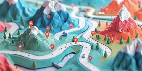 Fototapeta premium An isometric map with routes and markers,