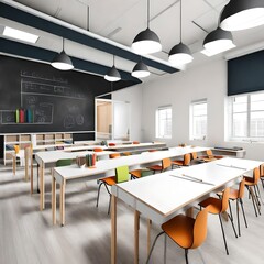 Well-lit classroom featuring a minimalist design with white desks, a sleek blackboard, and colorful backpacks