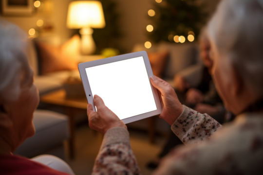 Elderly couple using a tablet with Christmas lights behind. Tablet mock up with transparent copy space
