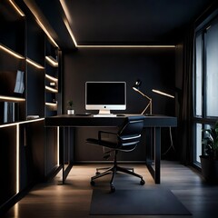 Stylish and minimalist home office interior in an ultramodern brutal apartment, dark color scheme, and ambient LED lights