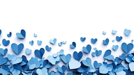 romantic love background with long horizontal border made of beautiful falling blue paper hearts isolated on white background, happy valentines day