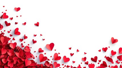 romantic love background with long horizontal border made of beautiful falling red paper hearts isolated on white background, happy valentines day