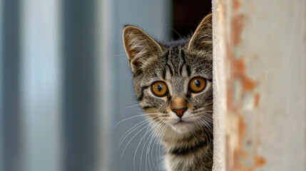 Obraz premium A funny cat peeks out from behind an old wall. Portrait of a wild cat. Homeless cats on the street
