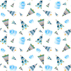 Watercolor hand drawn seamless pattern with abstract Christmas trees and gifts, this pattern comes in blue, green and magenta gray colors isolated on a white background. New Year's wallpaper.