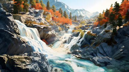 Fototapeta premium Fantasy landscape with waterfall in the mountains. 3d illustration, waterfall in the mountains,, Closeup forest fog icon weather app tall large trees hand volumetric hazy lighting traveling 