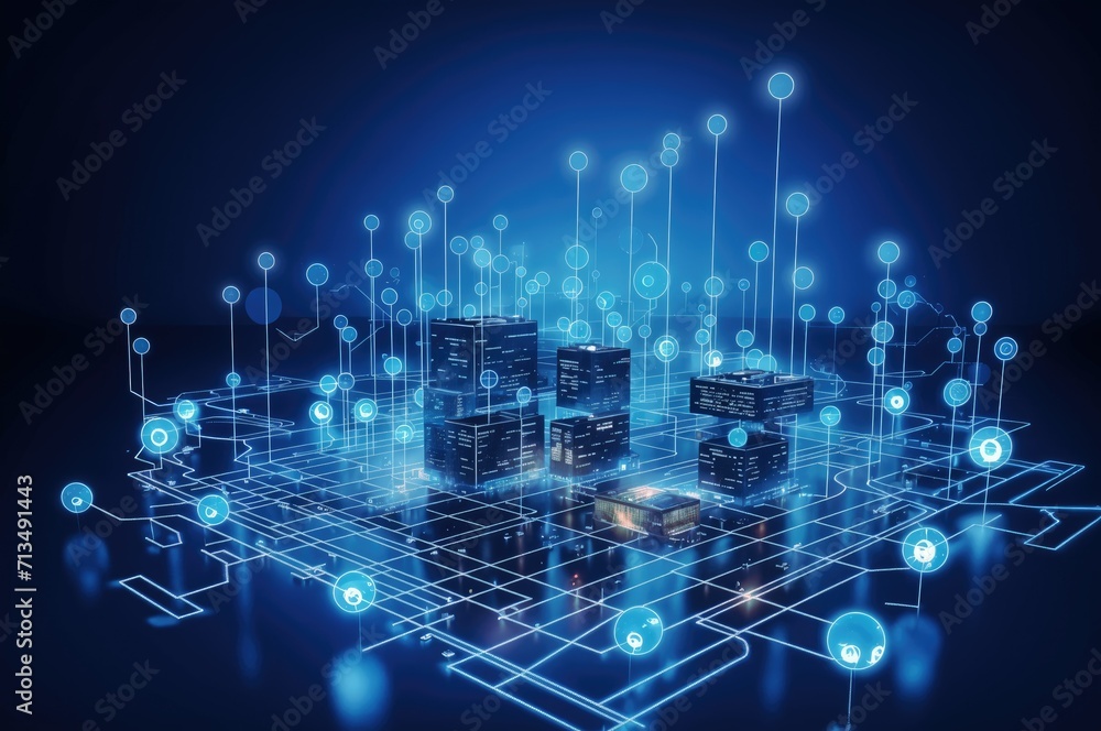 Poster a digital visualization of a data center with glowing blue nodes and lines representing network traf