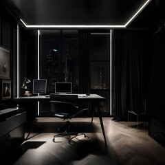Modern luxury workspace in a dark-themed brutal apartment, sleek design, and ambient LED accents
