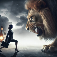 Obraz na płótnie Canvas Business Woman Facing an Lion