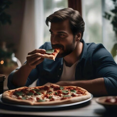 Hombre comiendo una porción de pizza con una pizza entera sobre la mesa
