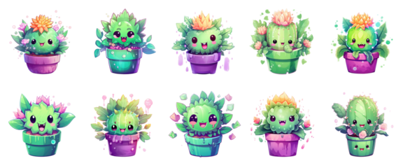Collection of cute kawaii cacti characters in colorful pots isolated on transparent background