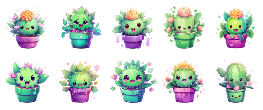 Collection of cute kawaii cacti characters in colorful pots isolated on transparent background - Powered by Adobe