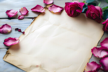 valentines day empty blank love letter vintage paper surrounded with roses and petals