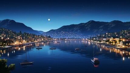Galactic harbor: A serene harbor at night, with a crescent moon casting its glow on still waters, surrounded by a myriad of stars -Generative Ai - obrazy, fototapety, plakaty
