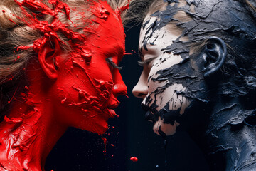AI Generated Photo of Two Women Heads, Facing Each Other, With Splashes of Paint on Them