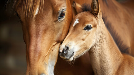 A close-up shot of a gentle mare with her newborn foal nestled by her side, showcasing the softness of their fur and the tender connection between mother and baby, creating a visua