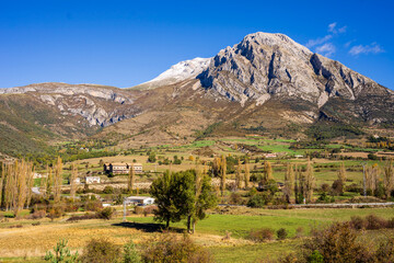 Fototapeta na wymiar Egea village and Turbon peak, 2,492 m. Huesca province, Spain,
