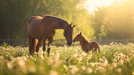 An artistic photograph of a serene mare and her curious foal exploring a blooming meadow, with soft backlighting accentuating the graceful contours of their coats, creating a visua - obrazy, fototapety, plakaty