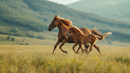 An immersive image capturing the beauty of a horse and her foal galloping freely in a spacious meadow, with their flowing manes and tails creating a visually dynamic and exhilarati