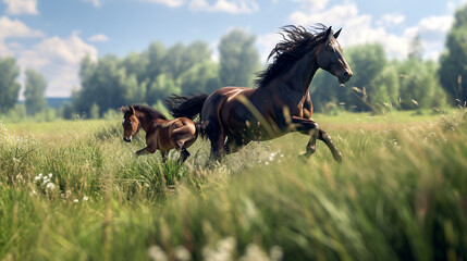 An immersive image capturing the beauty of a horse and her foal galloping freely in a spacious meadow, with their flowing manes and tails creating a visually dynamic and exhilarati