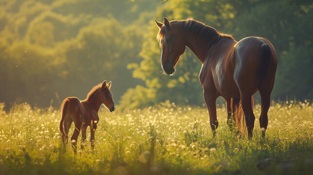 An artistic photograph of a serene mare and her curious foal exploring a blooming meadow, with soft backlighting accentuating the graceful contours of their coats, creating a visua