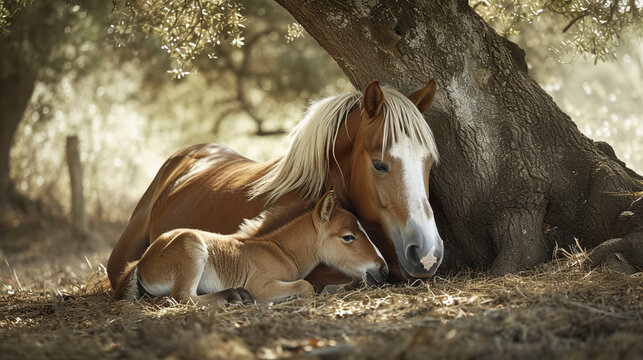 A captivating photograph of a horse family resting under the shade of a tree, with the foal nestled close to its mother, showcasing the tranquility and unity within the equine fami