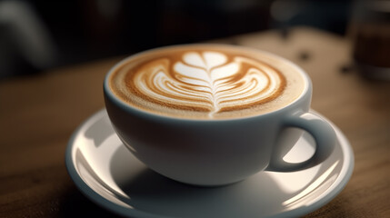 Realistic cappuccino in a white cup saucer, restaurant coffee, morning coffee