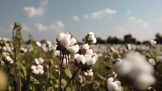 Cotton field flowers on sunny clear sky background, nature plant