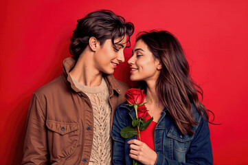 Beautiful young couple holding red rose and looking at each other on red background