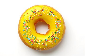 donut one with yellow glaze and multicolored sprinkles, isolated on white background