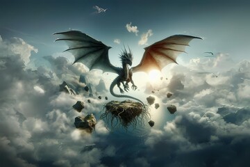 dragon volador con raices - obrazy, fototapety, plakaty