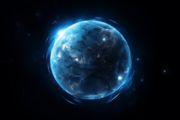 Fototapeta na wymiar planet blue spherical fictional abstract in dark space with dots of stars, flashes