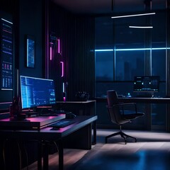 Stylish workspace in a brutal apartment, featuring dark tones, futuristic furniture, and ambient LED lighting