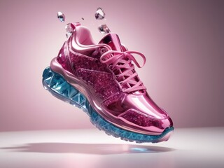 futuristic sneakers in shades of pink blue sole on a light pink neutral background