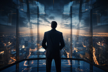 Contemplative Executive Overlooking City from Glass Tower