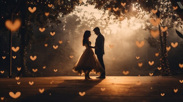 Heart-shaped confetti falling gently on a couple dancing under twinkling fairy lights -Generative Ai